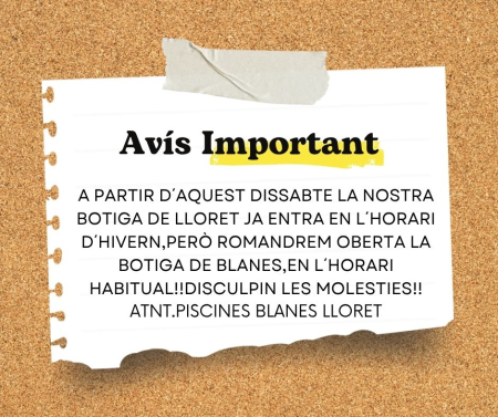 BOTIGA DE LLORET HORARI D´HIVERN!!!