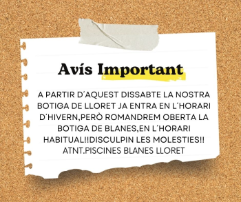 BOTIGA DE LLORET HORARI D´HIVERN!!!